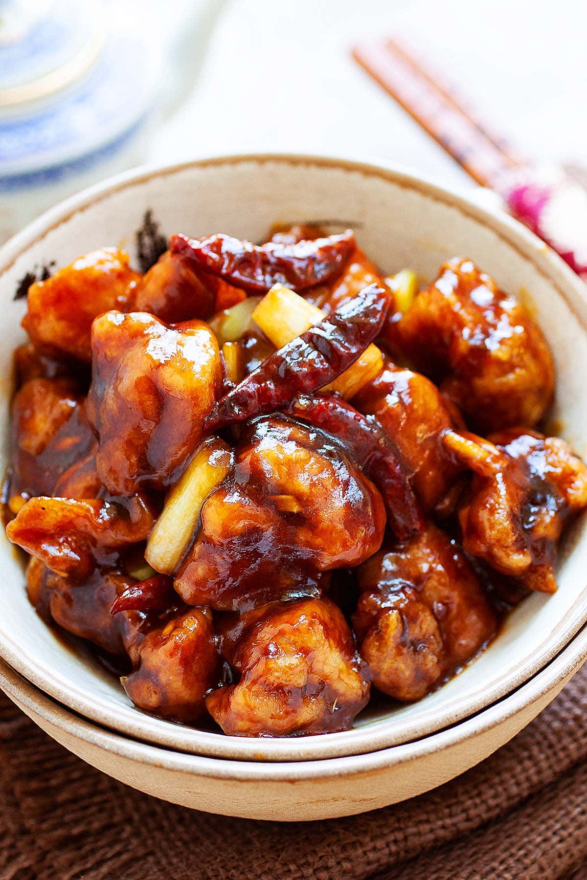 Authentic general tsos chicken with dark sauce. 