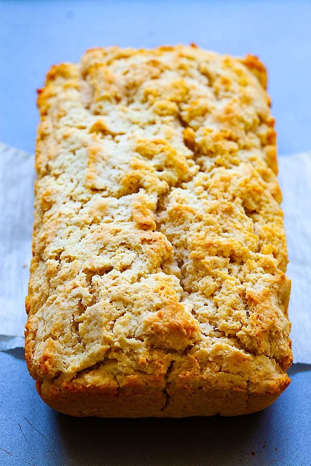 Beer bread, sliced and ready to serve.