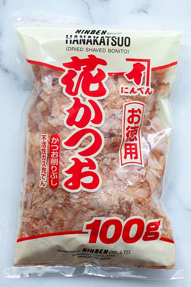 A packet of dry bonito flakes used for dashi recipe.