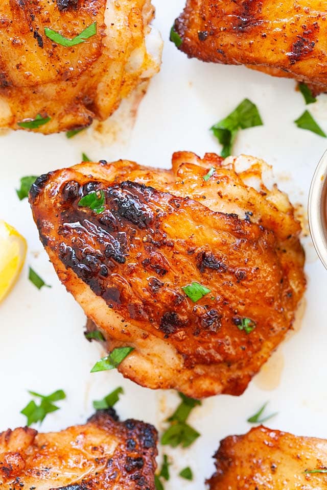 Top down shot of a piece of grilled barbeque (BBQ) chicken thighs.