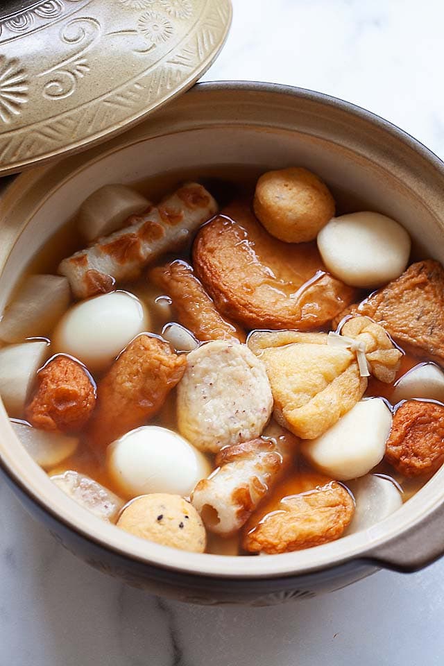 Oden is a Japanese stew made of hard-boiled eggs, daikon, fish cakes and dashi soup mix.