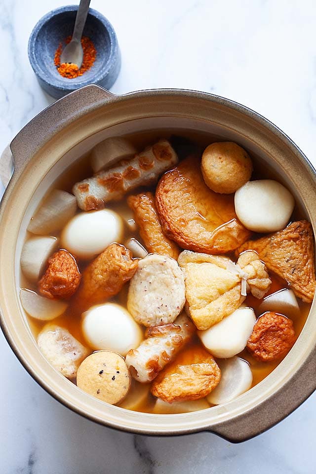 Homemade Japanese oden in a Japanese stew pot, ready to serve.