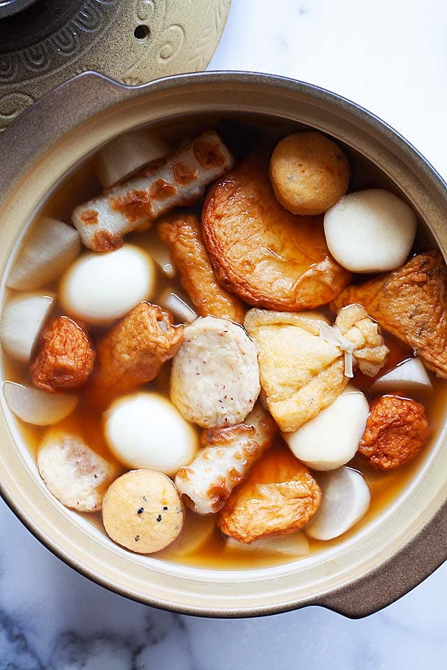 Oden recipe with hard boiled eggs, oden soup mix and fish cakes.