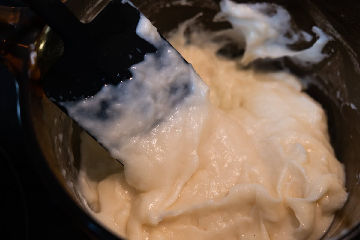 Egg tart custard filling in a sauce pan. 