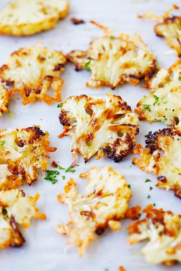 Cauliflower recipes of roasted cauliflower with cheese.