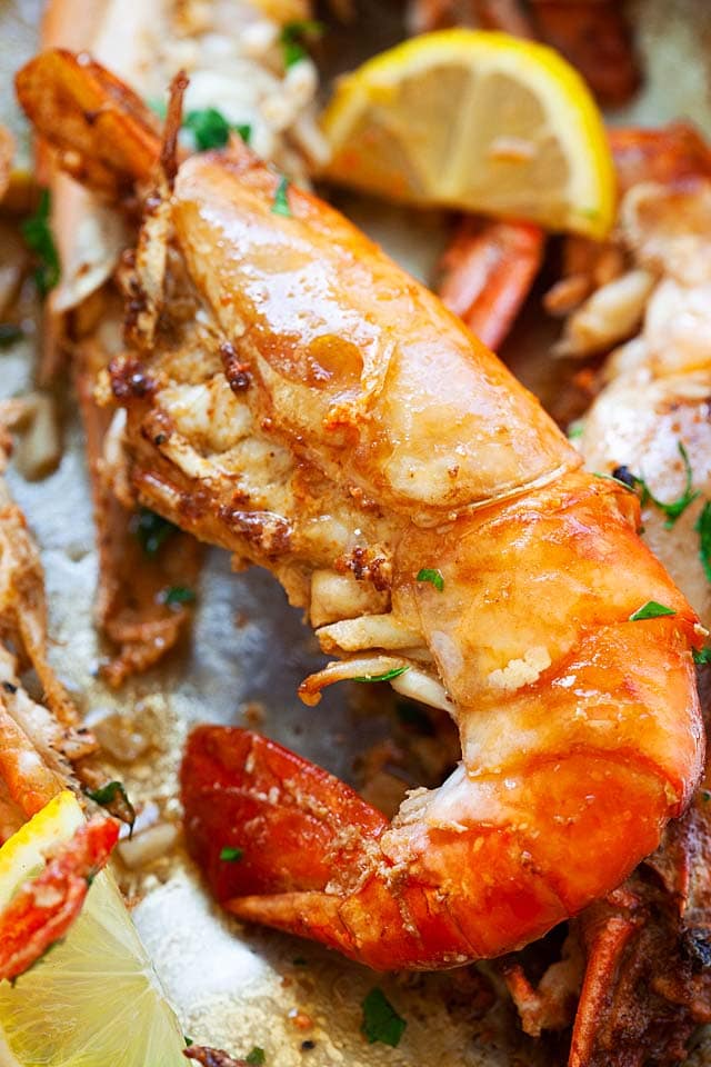 Sauteed shrimp with white wine and soy sauce in a skillet. 