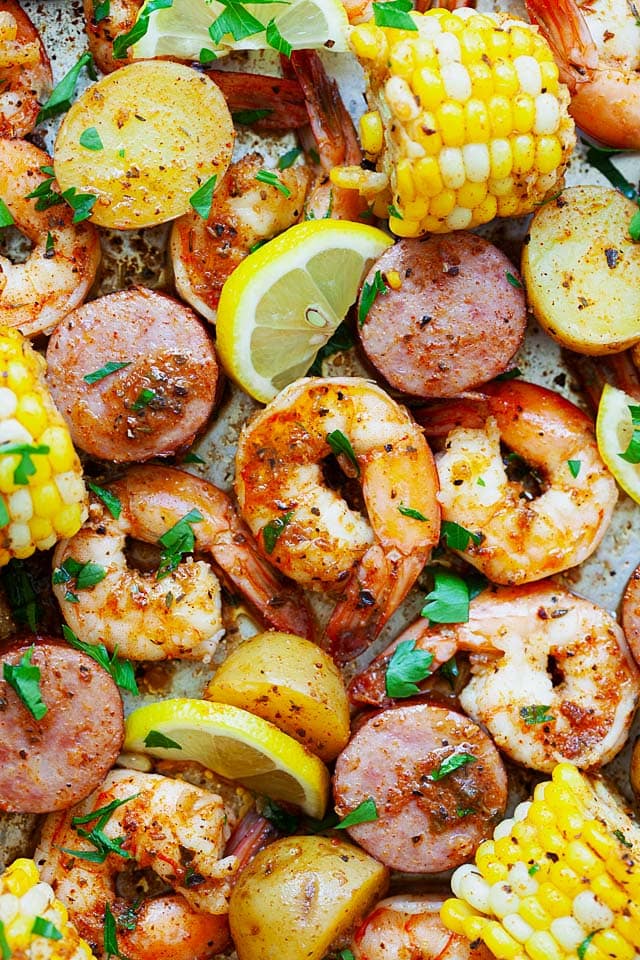 Low country shrimp boil on a serving tray.