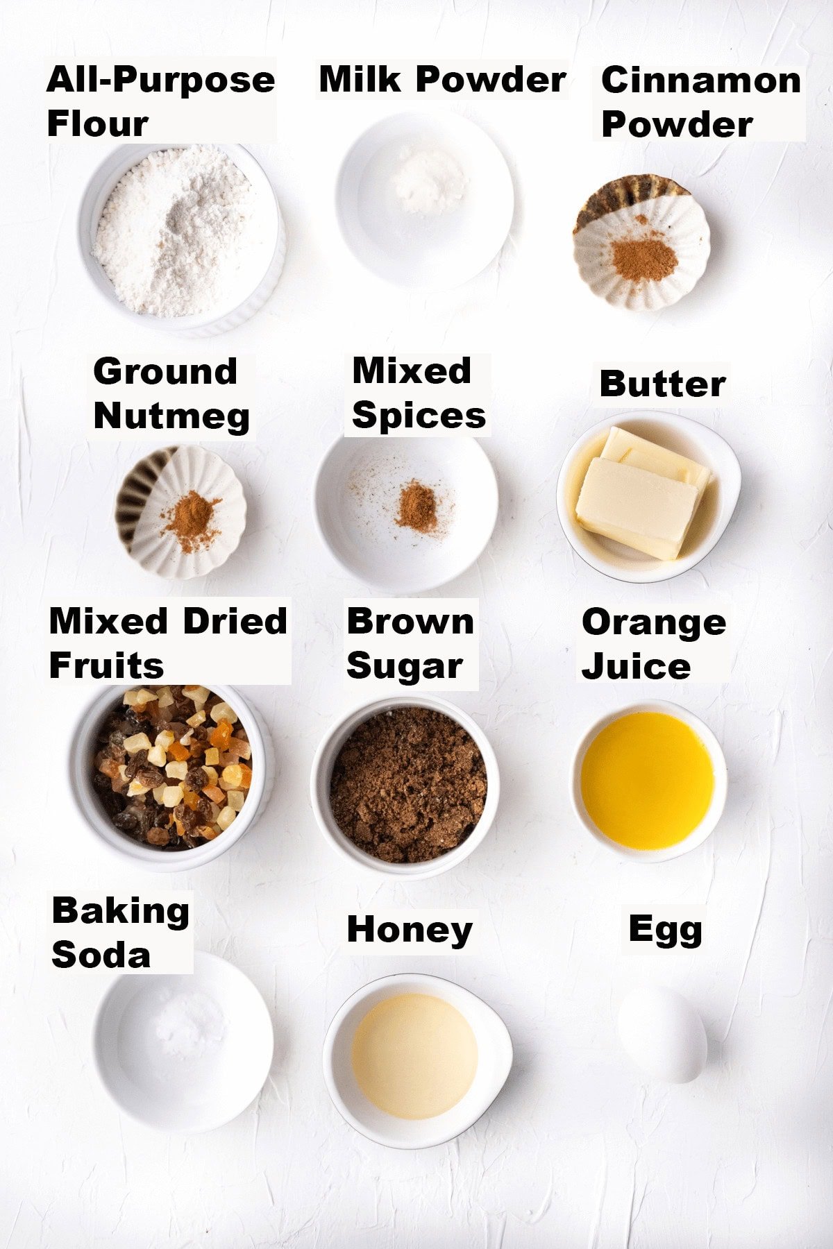 Ingredients for moist fruit cake recipe. 