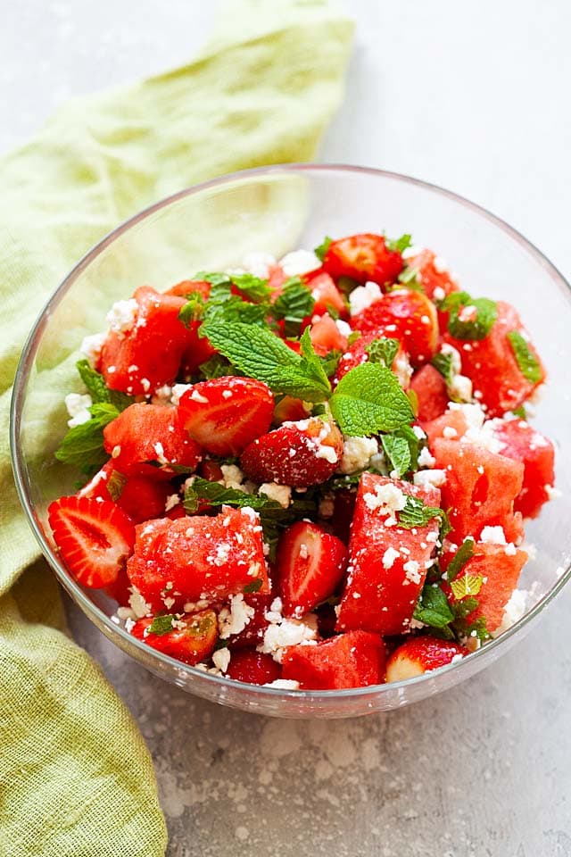 Watermelon salad in a glass salad bowl.