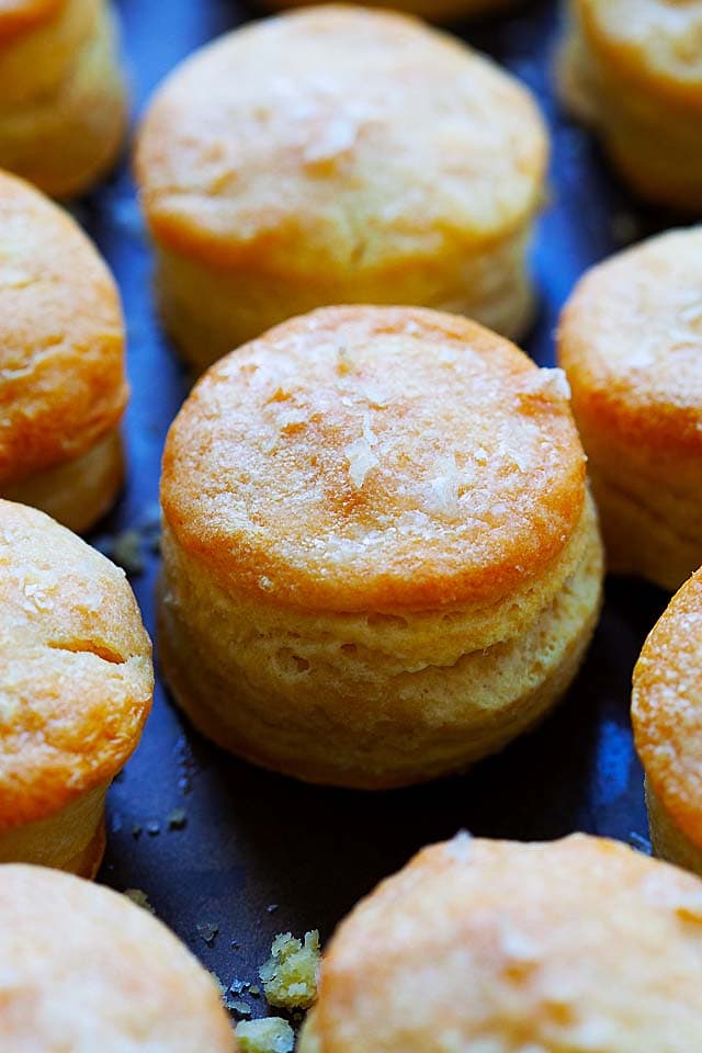 Close up picture of homemade biscuits on a baking tray.