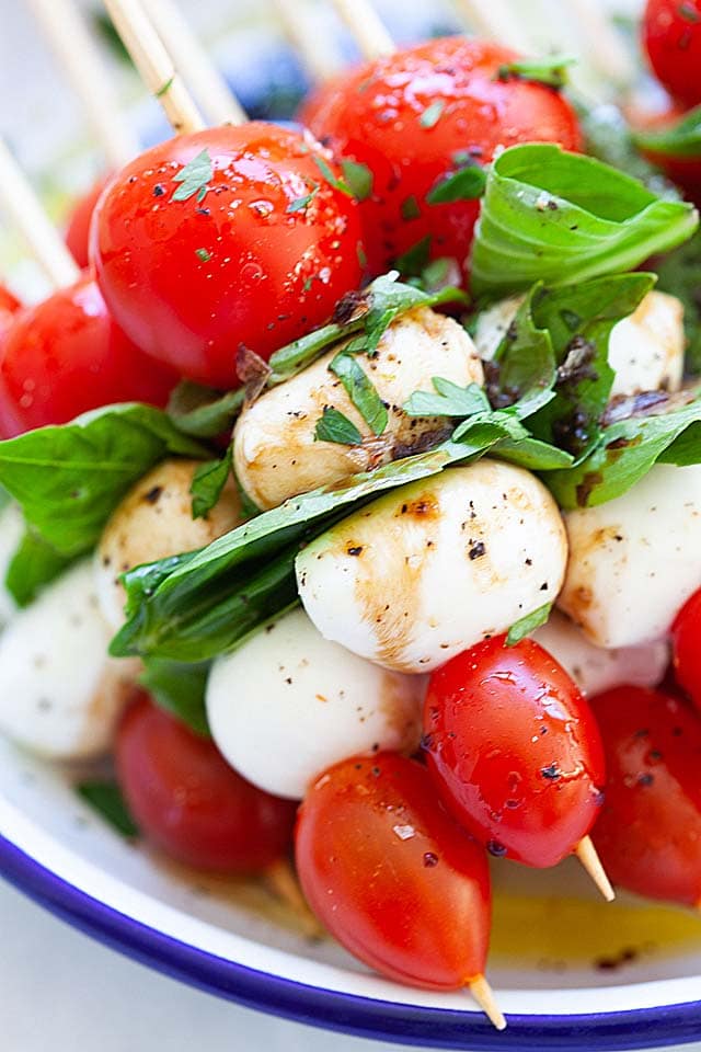 Mini caprese skewers.