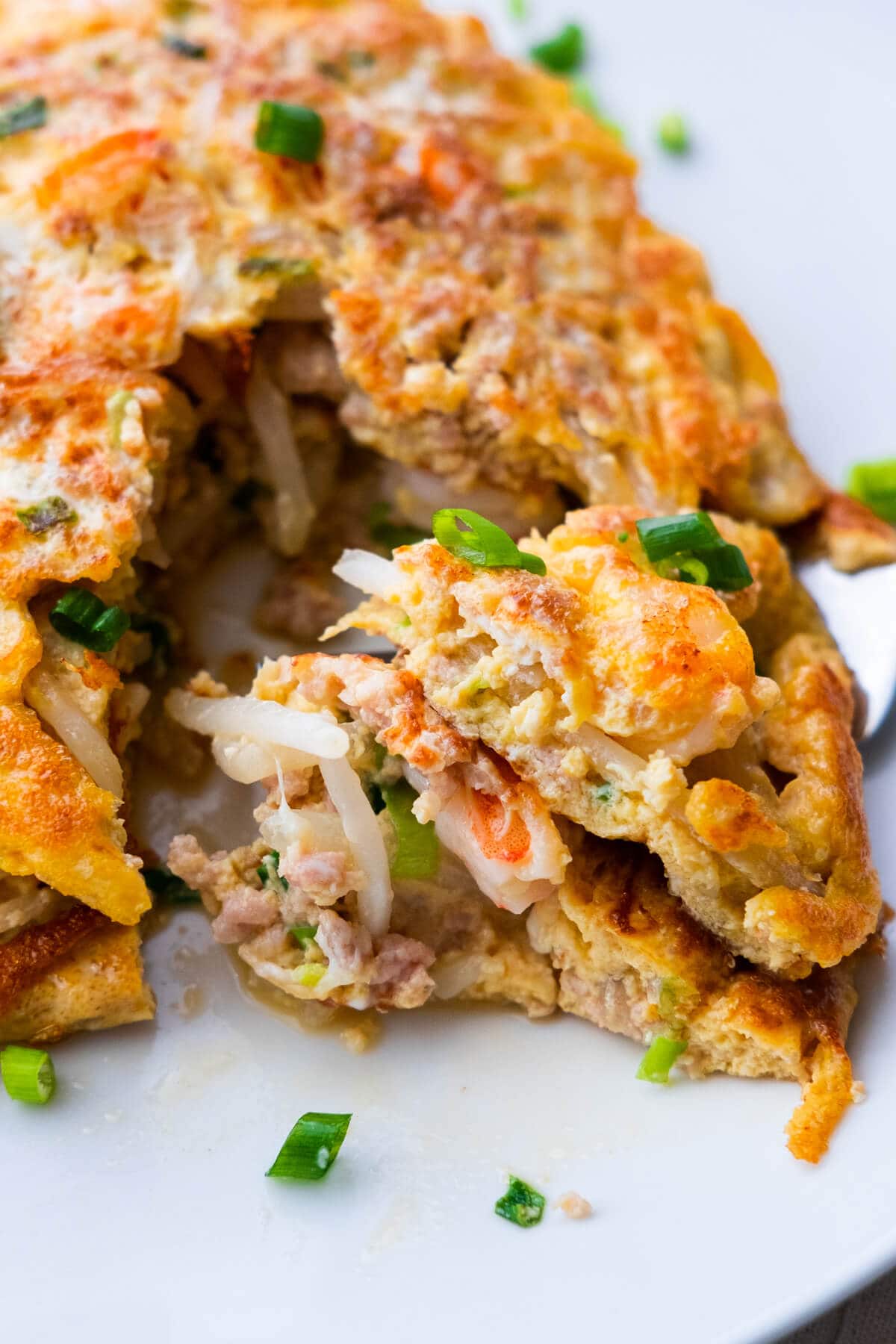 Ground pork, shrimp and bean sprouts in the center of egg foo young omelet. 