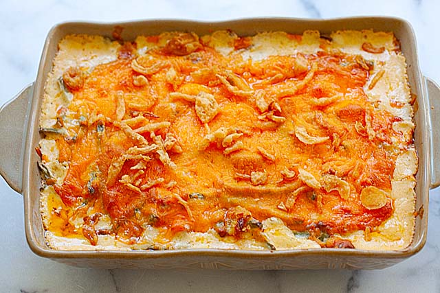 Green bean casserole in a baking dish. 