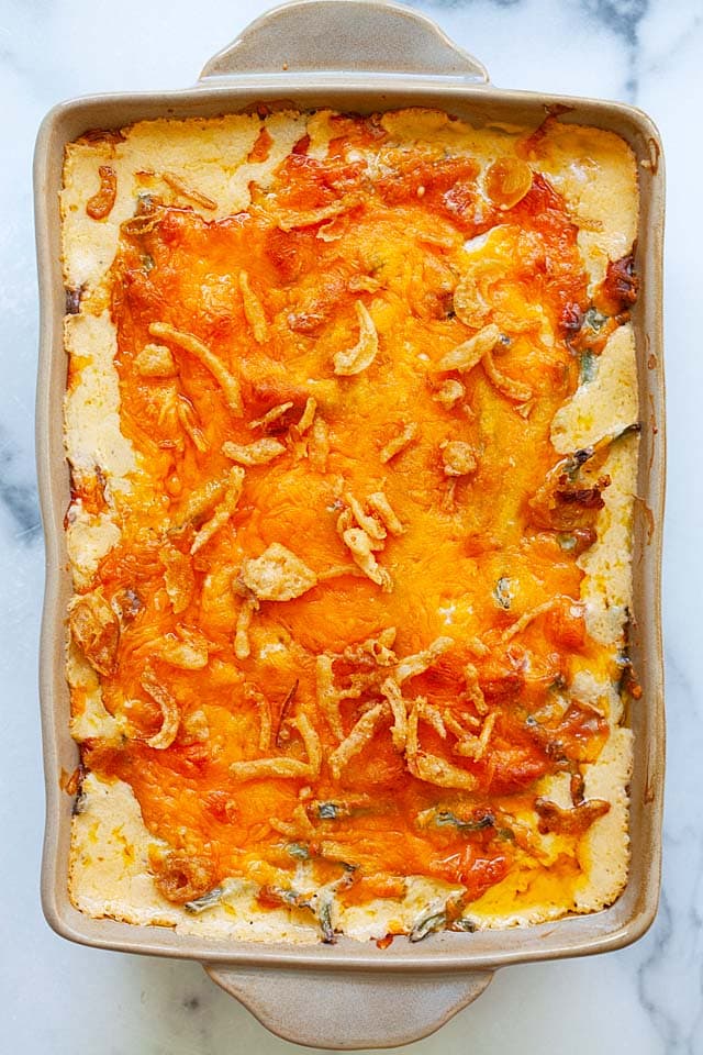 Green bean casserole in a baking dish.