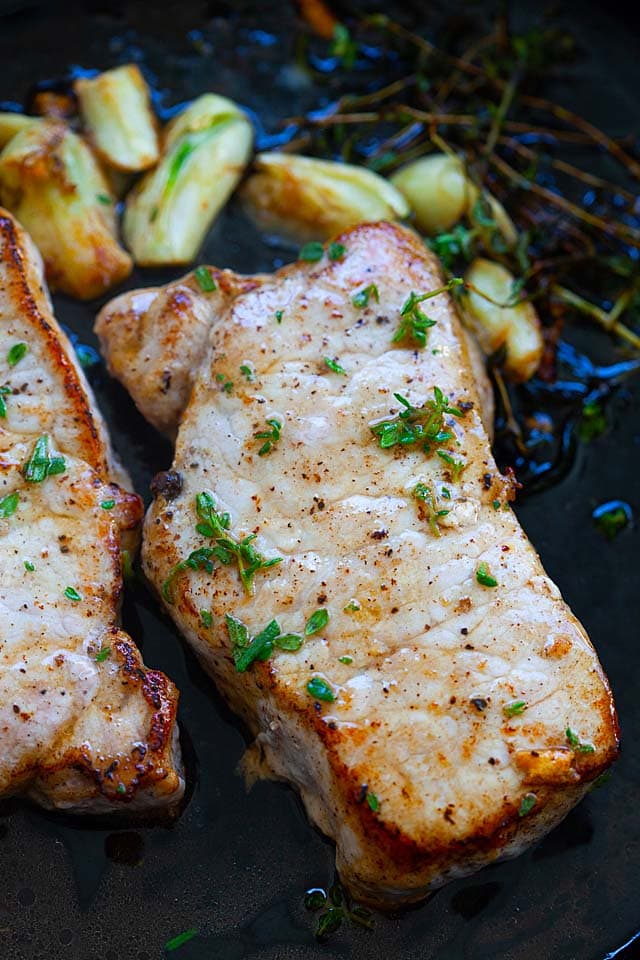 Boneless pork chops in skillet and oven baked is one of the easiest ways to cook pork chops.