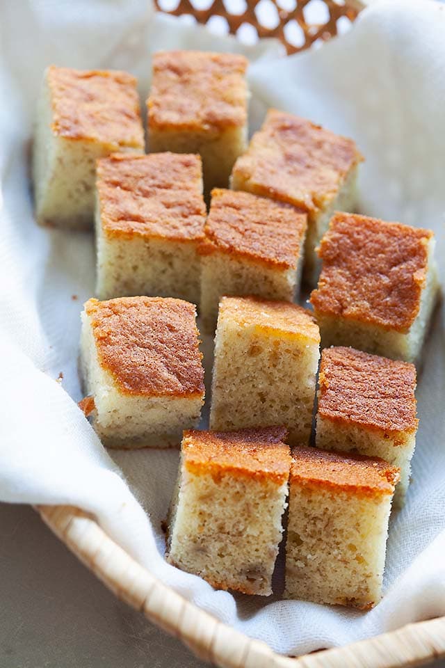 Banana cake cut into small pieces.