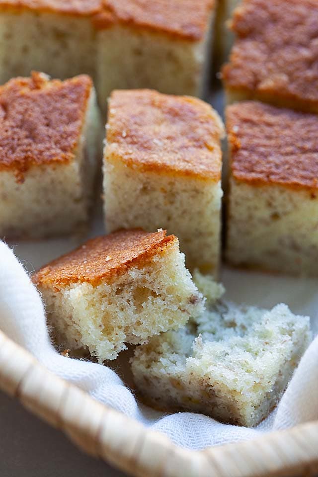 Moist and best banana cake sliced into cubes.