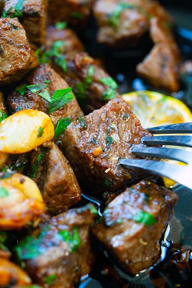 Garlic butter steak bites, ready to serve.