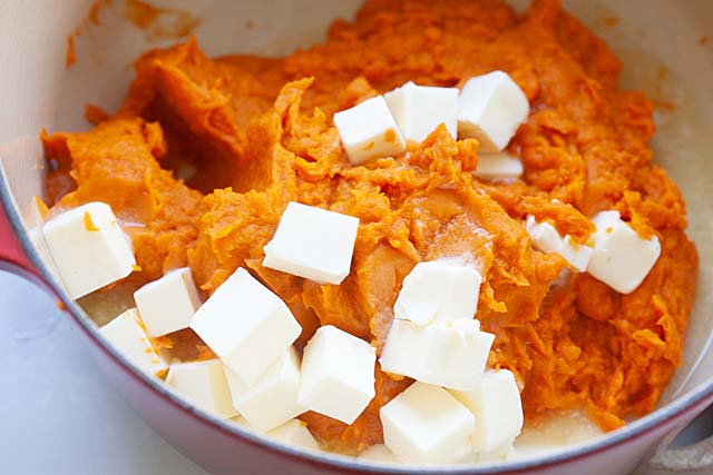 Add the chilled butter cubes to the sweet potatoes.