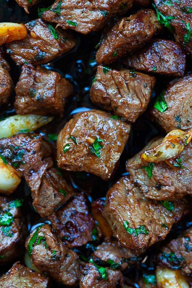 Steak bites recipe with marinade, garlic and butter.