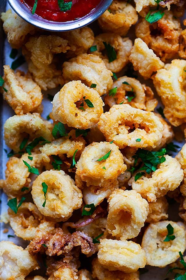 Fried calamari, ready to be served.