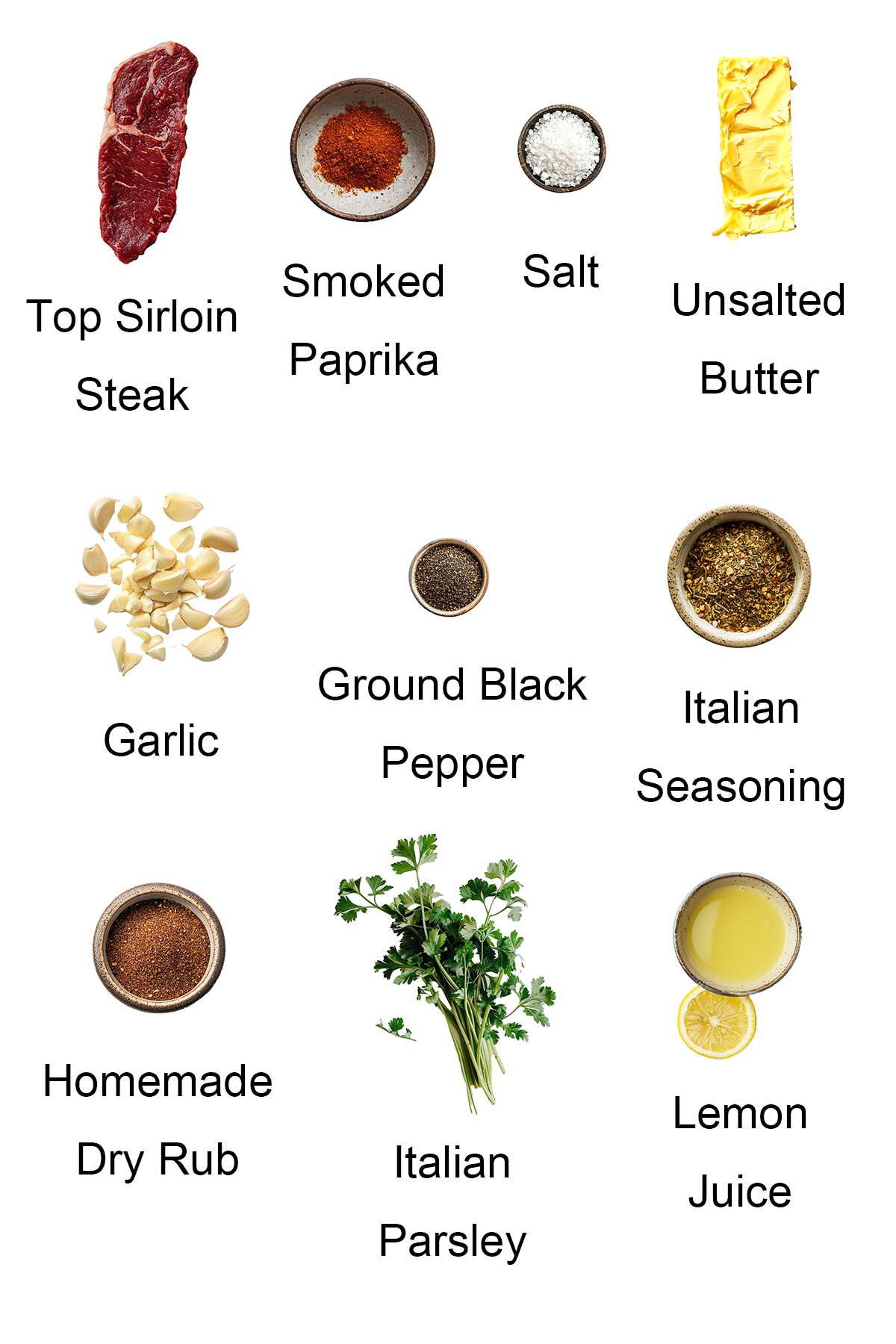 Ingredients for garlic butter steak bites. 