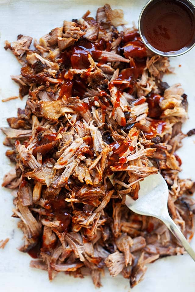 Pulled pork on a serving platter.