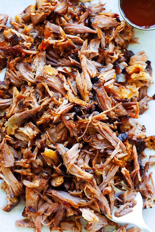 Smoked pulled pork with BBQ sauce.