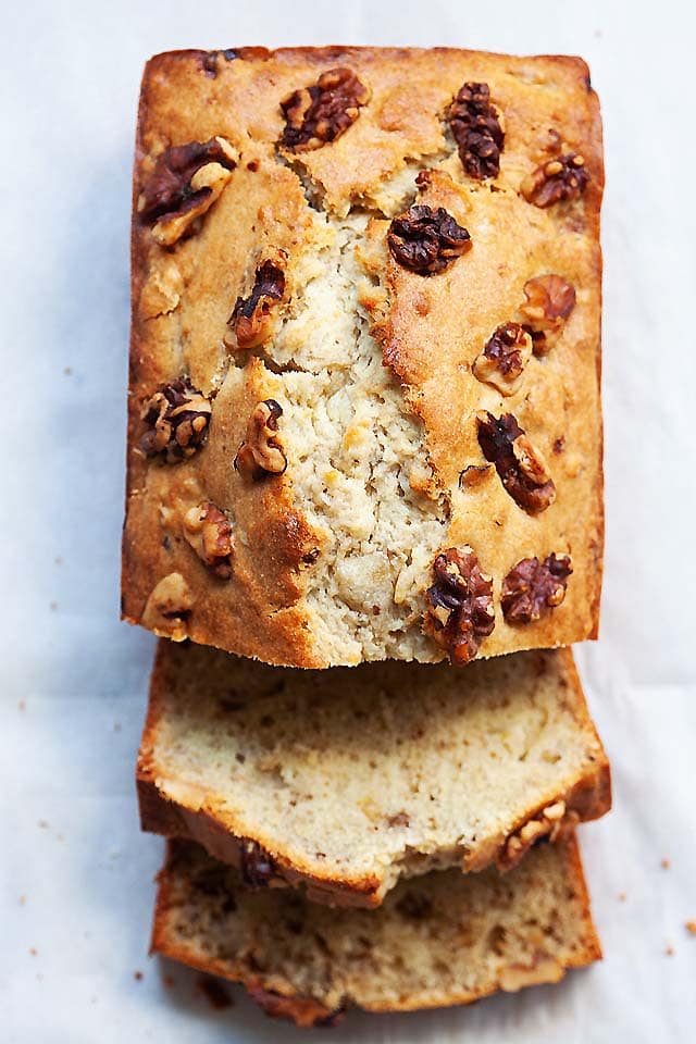 Banana nut bread, sliced and ready to serve.