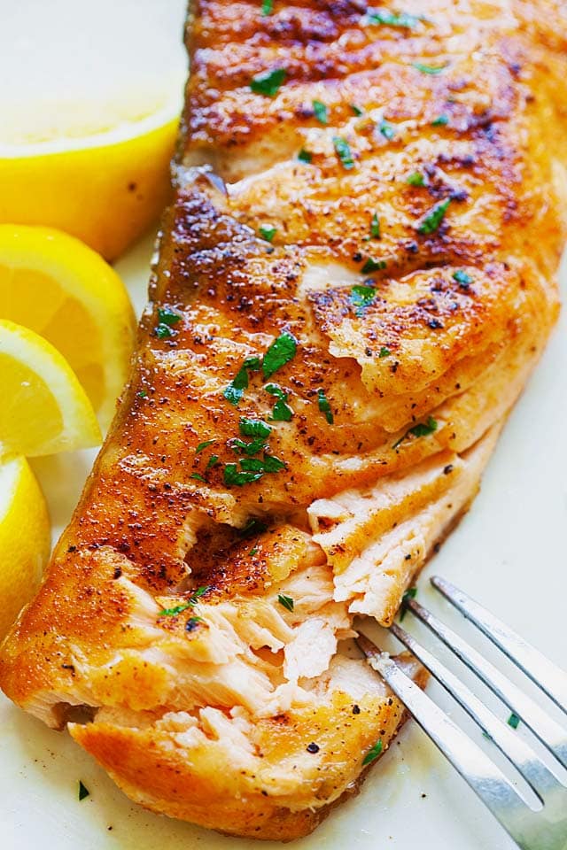 Moist and juicy salmon fillet after cooking in a pan.