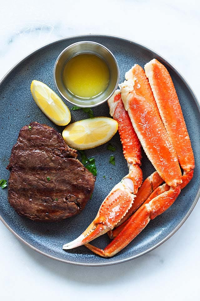 Surf and turf, with steak and crab legs.