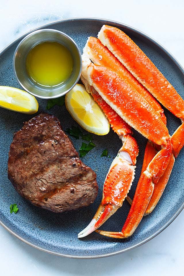 One of the best surf and turf recipes is to pair steak with crab legs.