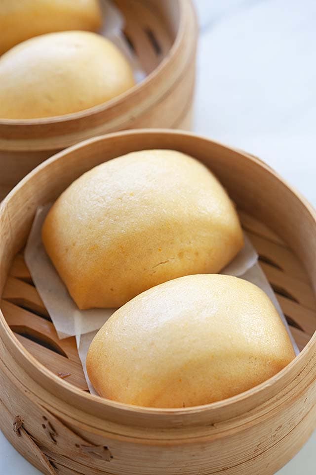 Soft and fluffy mantou buns with yeast.