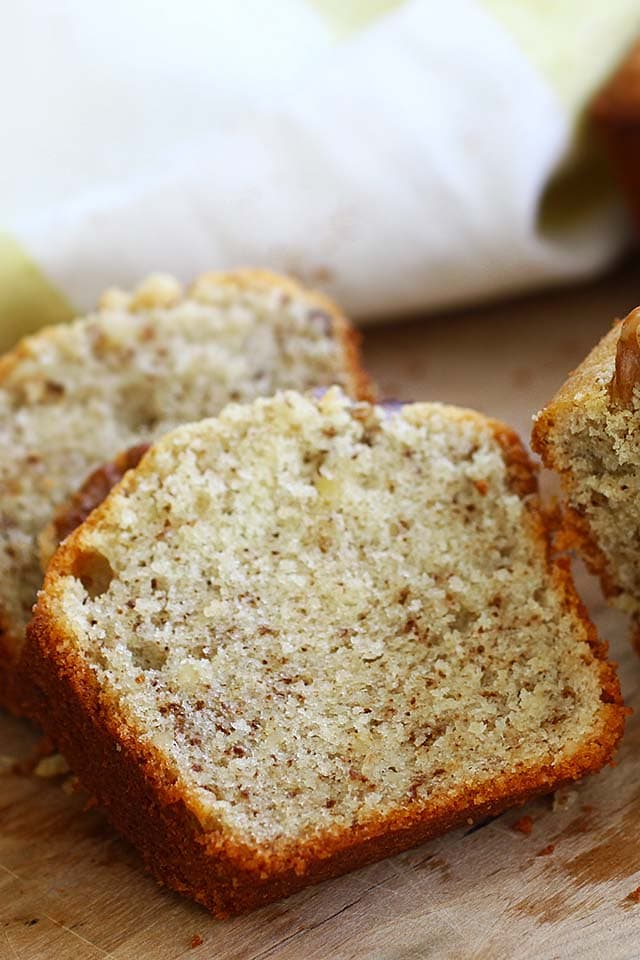 Walnut butter cake on a cutting board.