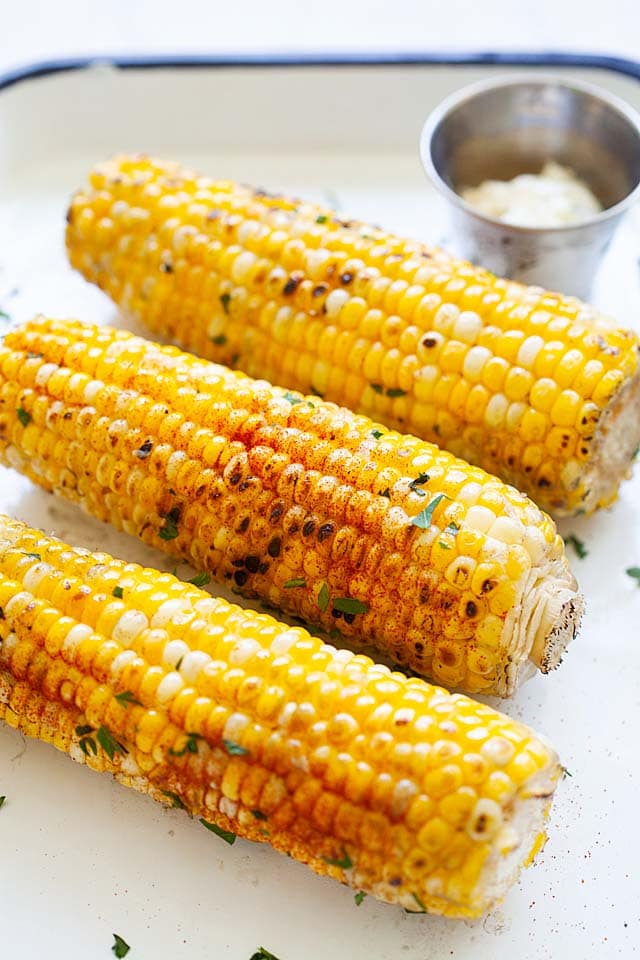 Grilled corn recipe with garlic butter.