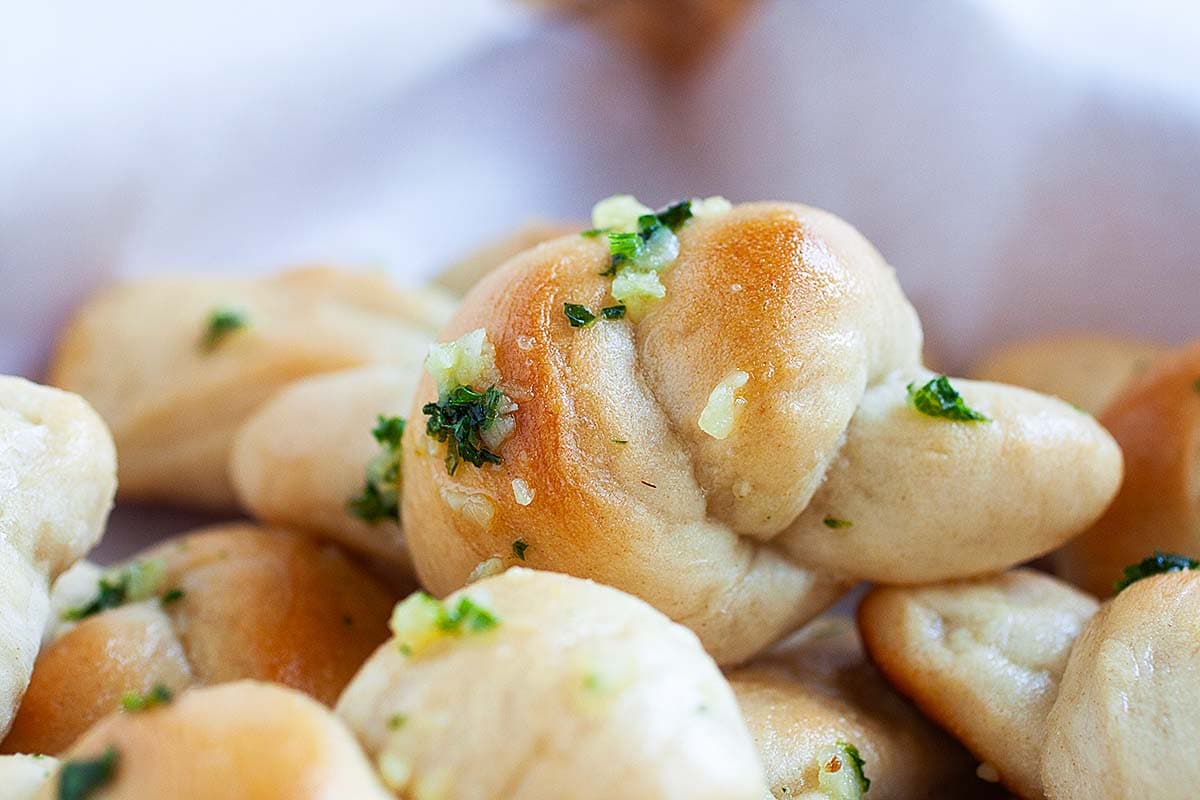 Garlic knot pizza or garlic bread knots, ready to serve.