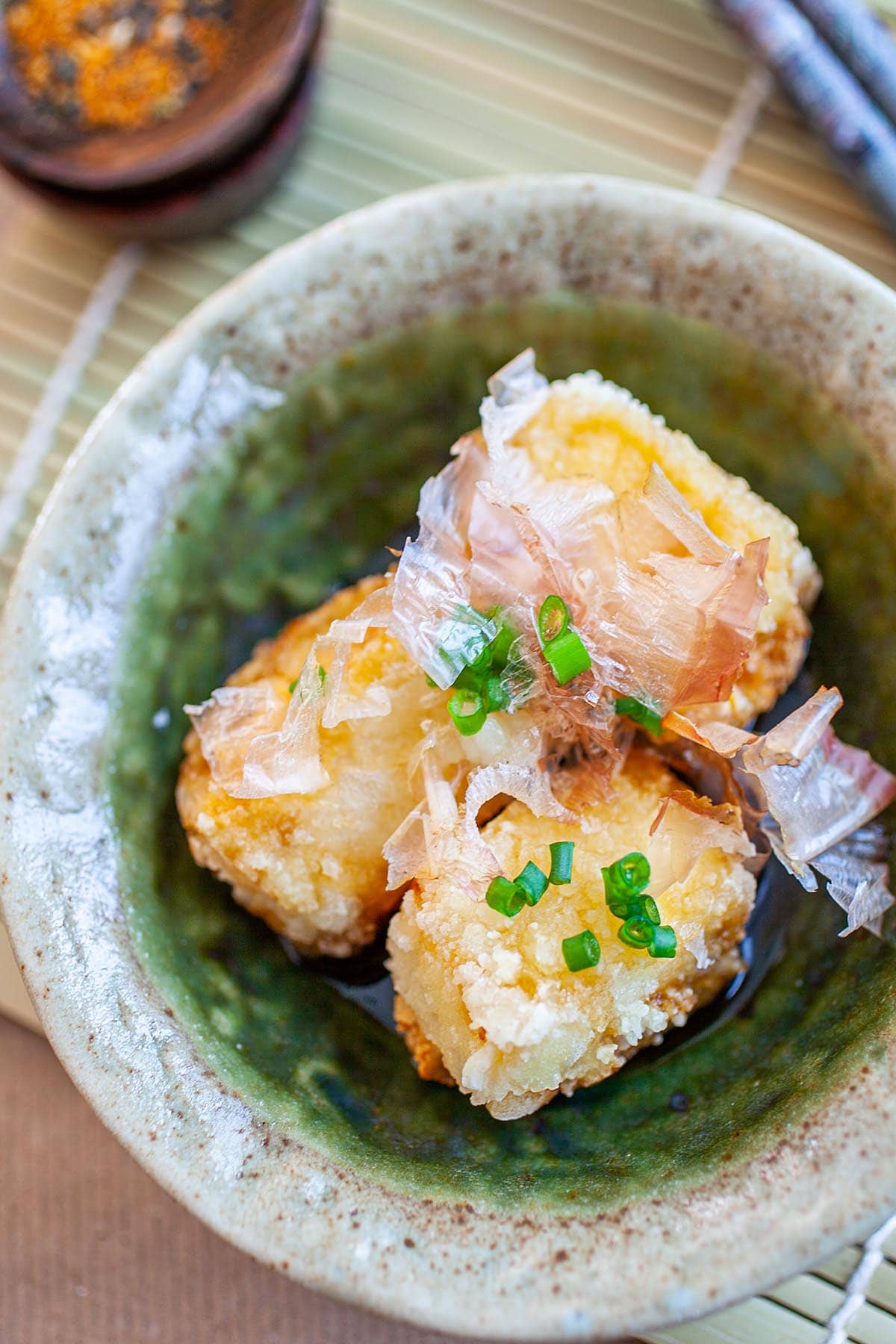 Agedashi tofu in a bowl.