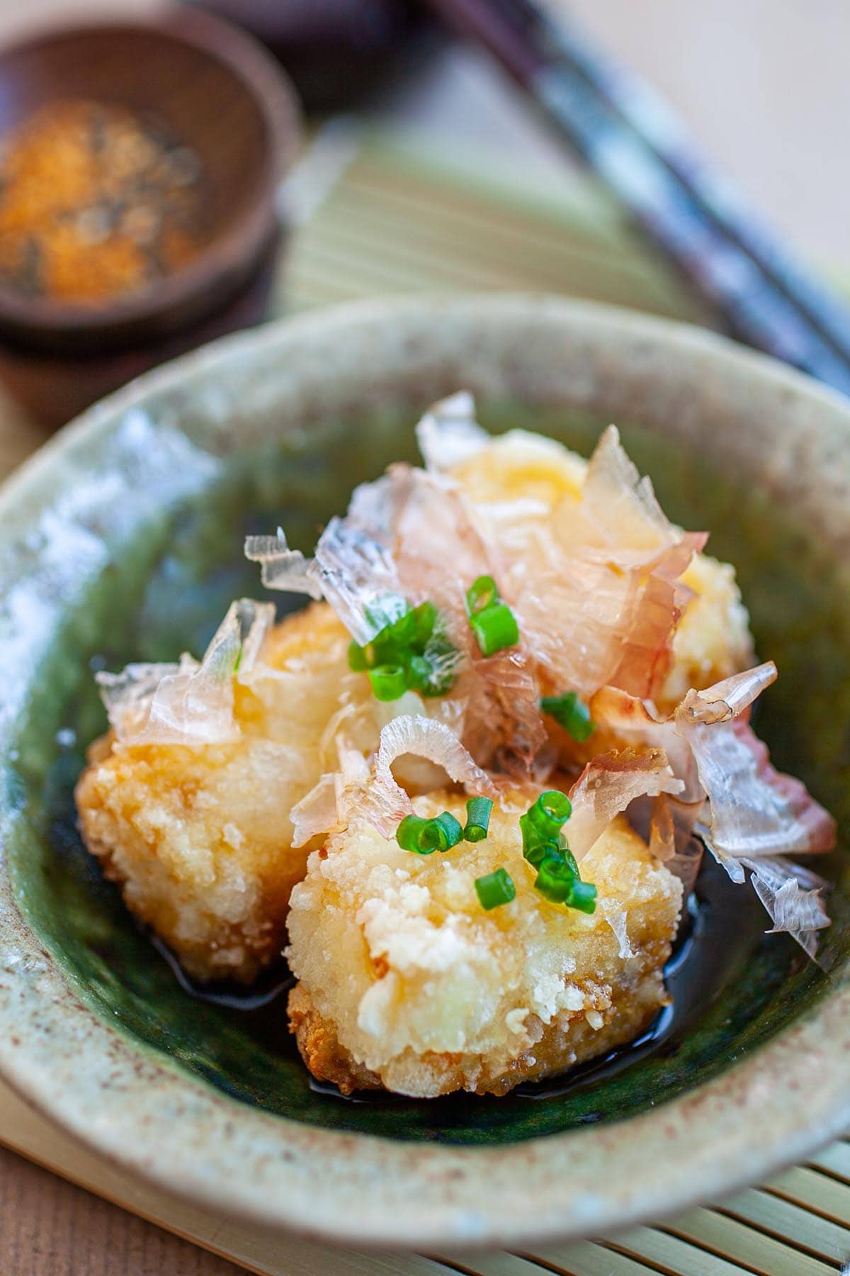 Easy agedashi tofu with sauce in a bowl.