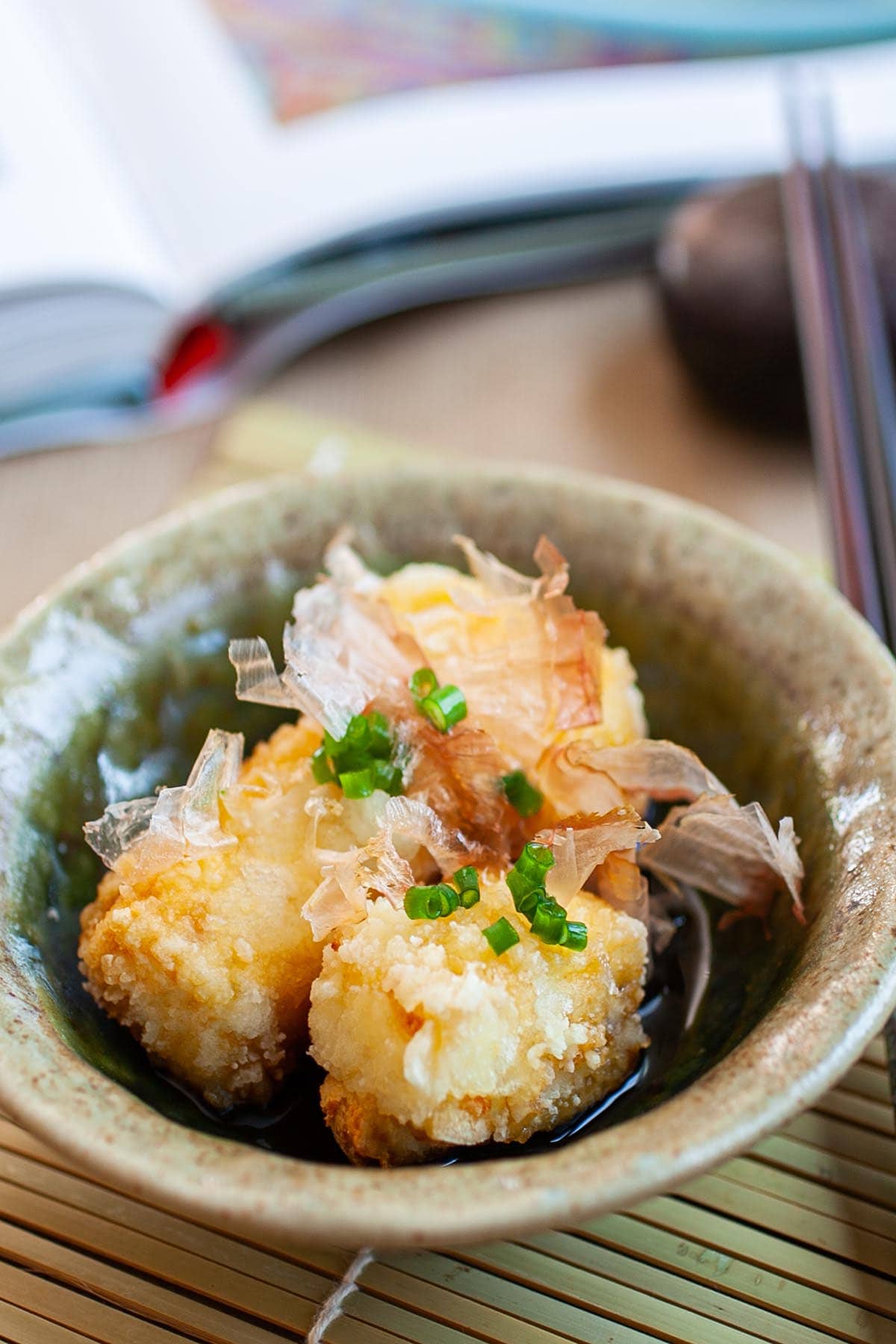 Agetofu served in a Japanese bowl. 