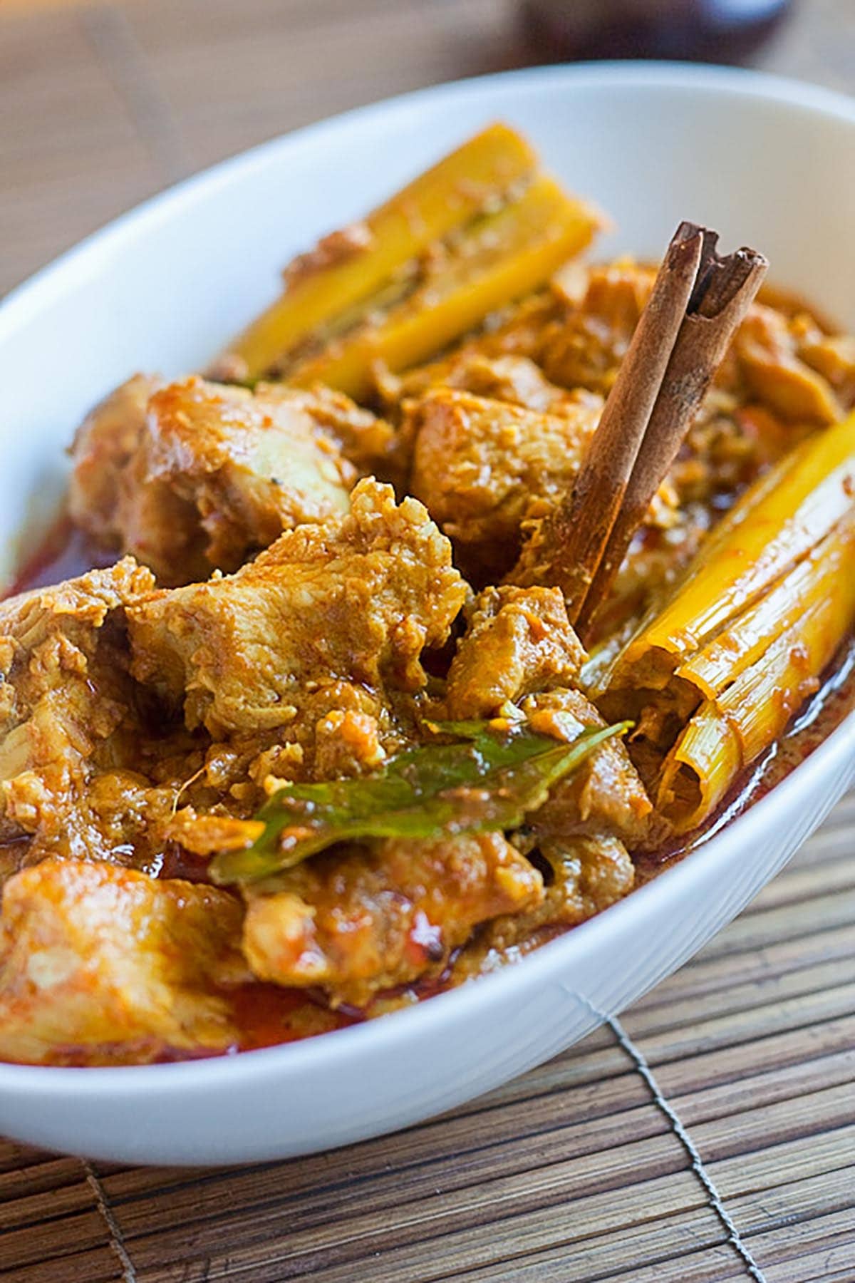 Chicken curry recipe in a serving dish, ready to be eaten.