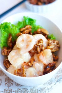 Sweet honey walnut shrimp served in a bowl.