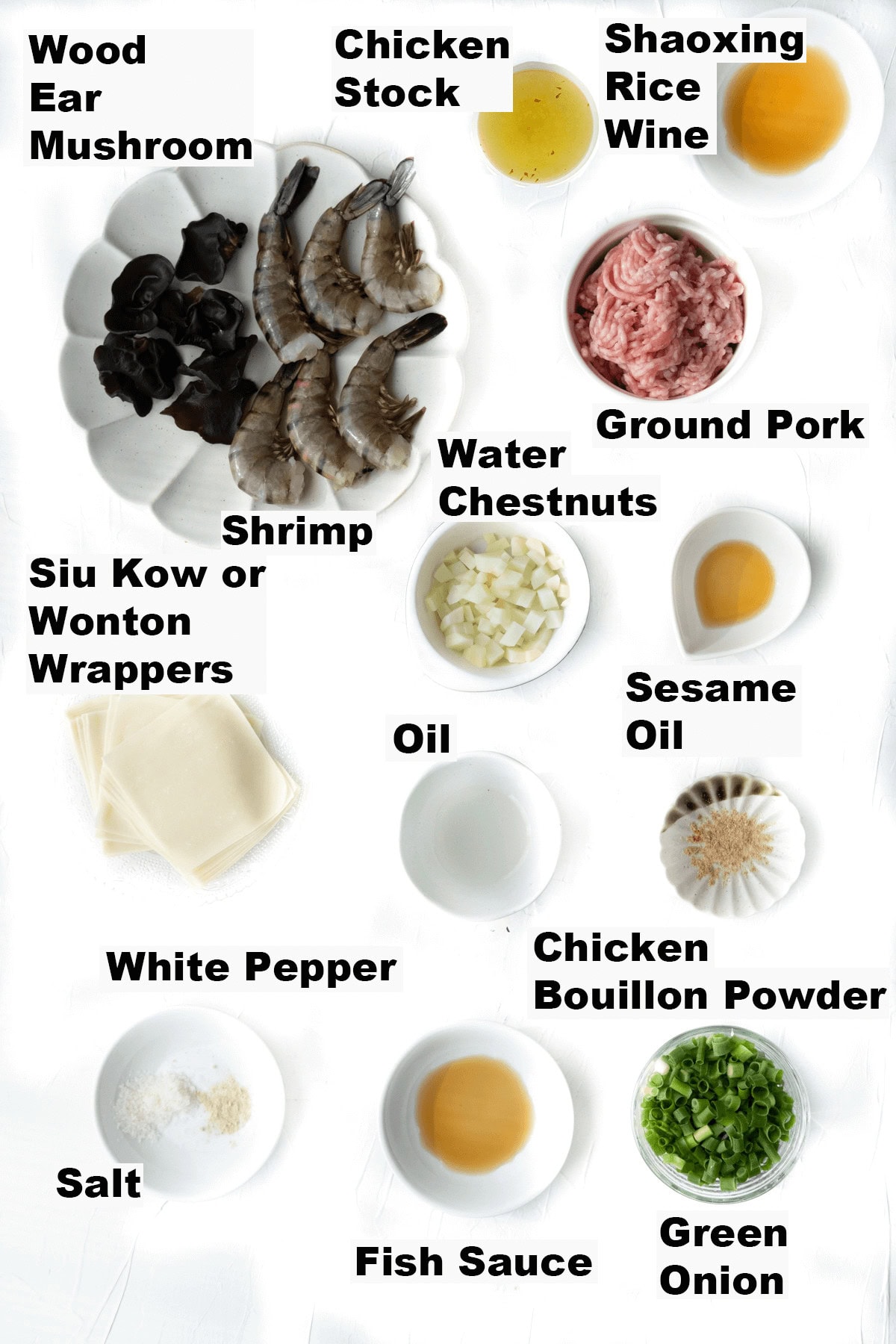 Ingredients for pork dumpling soup.