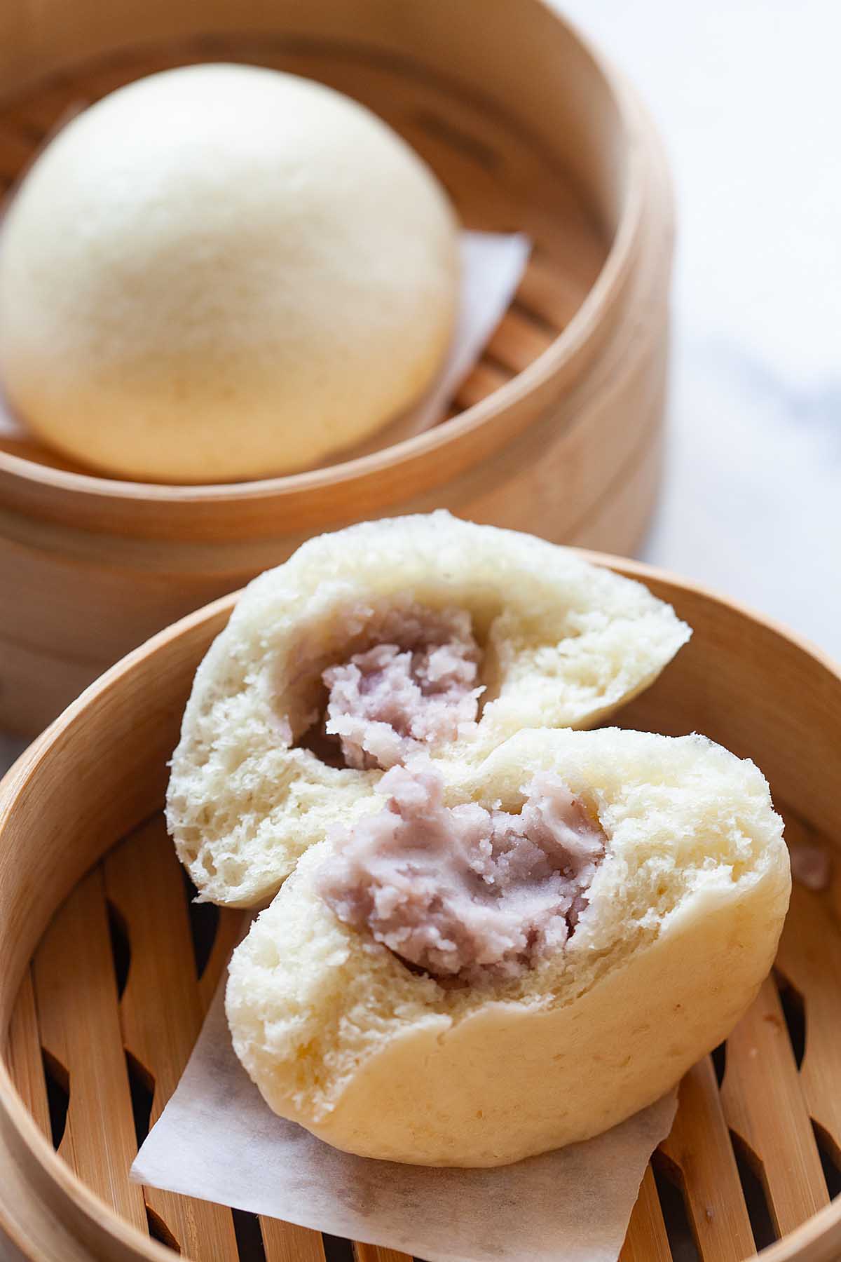 Chinese sweet taro bun with taro paste inside the bun.