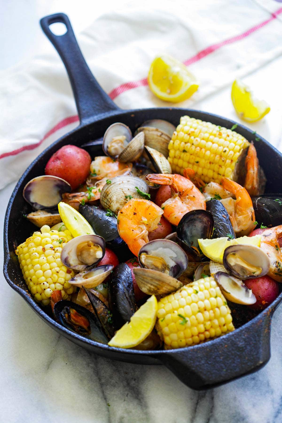 Clambake on a skillet, ready to serve.