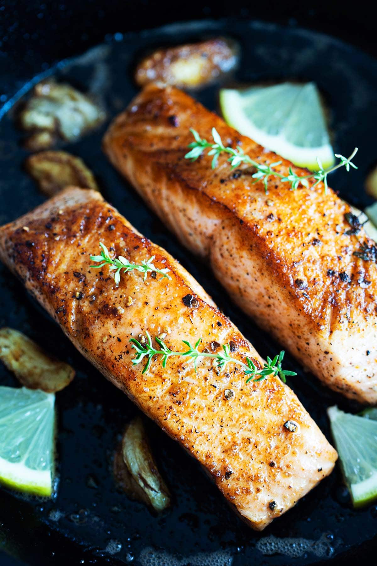 Pan seared salmon recipe with garlic, butter and thyme.