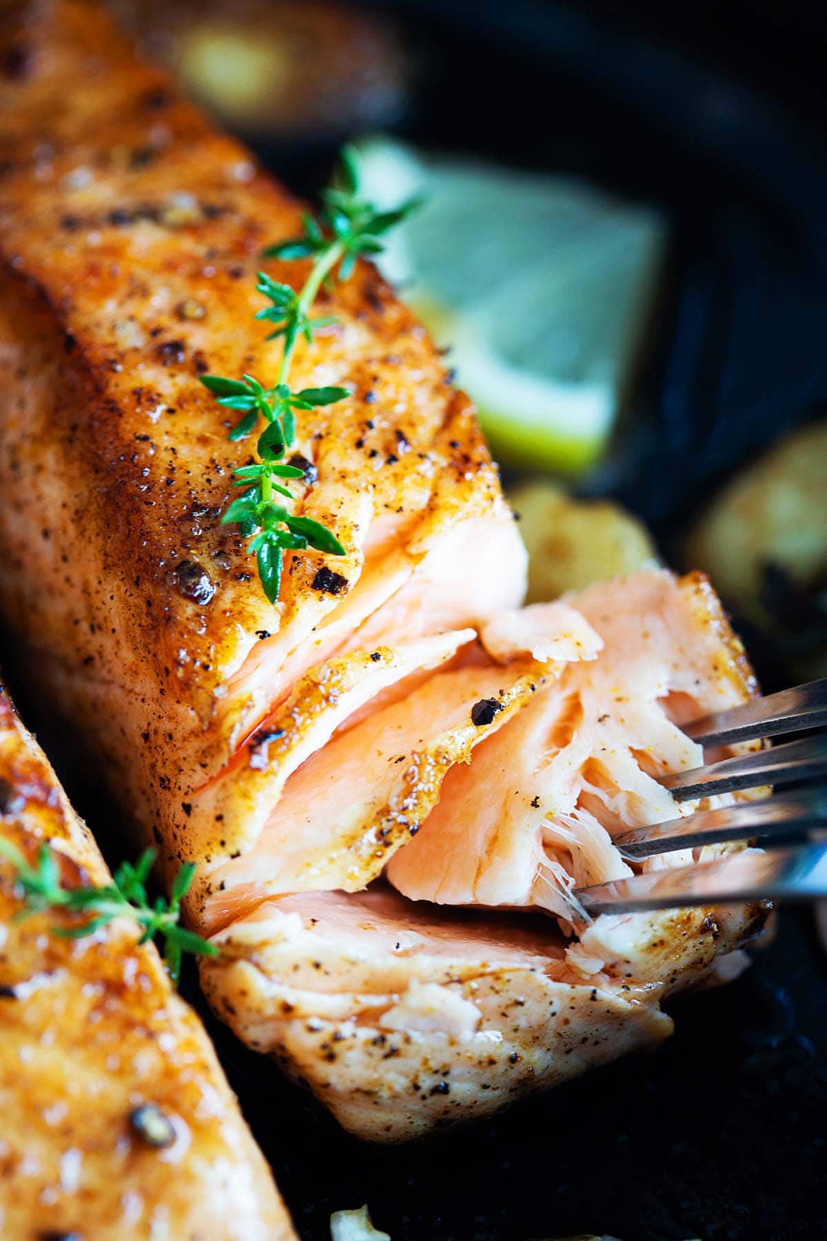 Close-up of a beautifully pan-seared salmon dish, showcasing a golden crust and deliciously prepared fish.