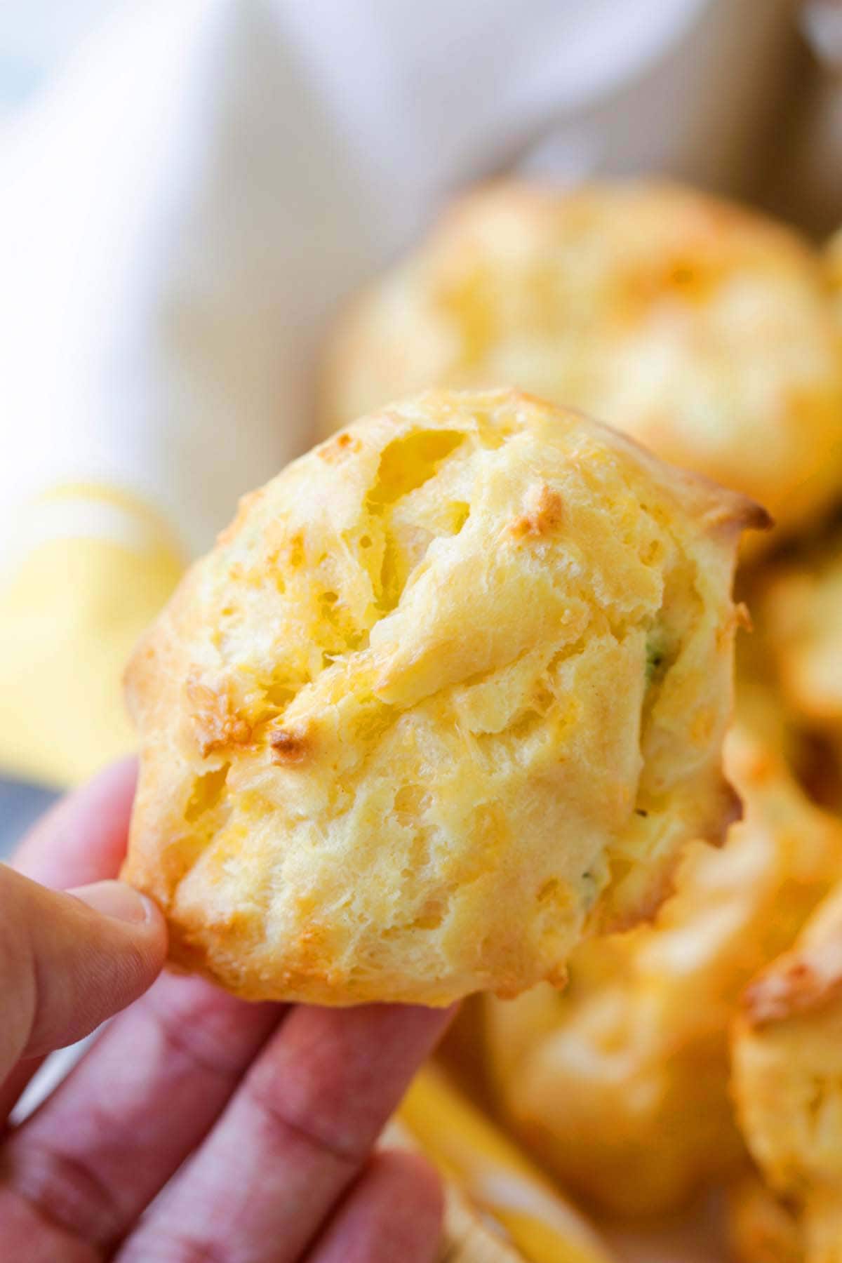 A French cheddar cheese puff pastry held in hand.