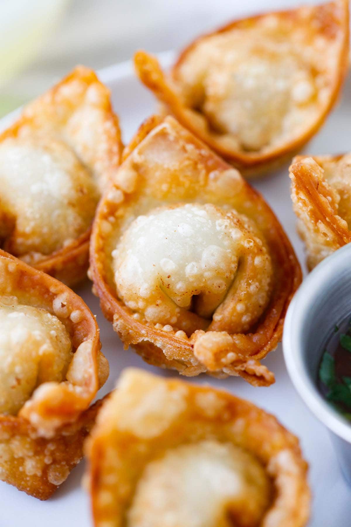 Close up shot of crispy, golden-brown fried dumplings on a white plate. 