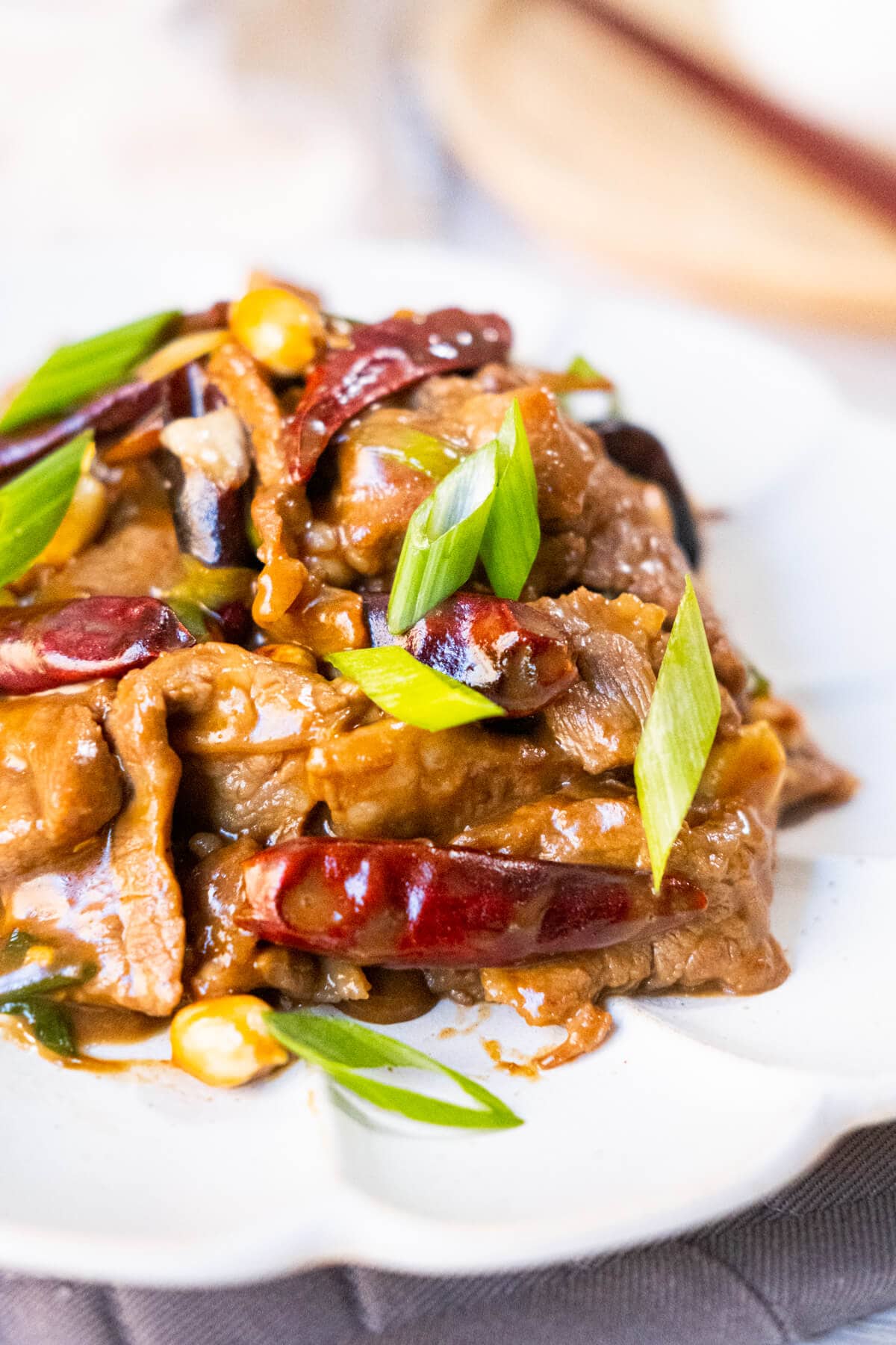 A close up shot of sliced tender beef, with dried red chillies and rings of scallions served on a white plate. 