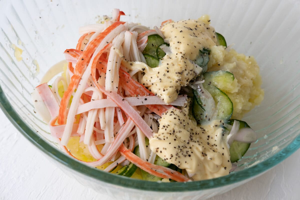 Japanese Potato Salad ingredients in a bowl. 